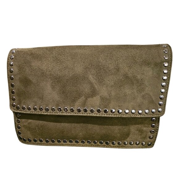 NEIMAN MARCUS STUDDED SUEDE Loden Green Shoulder Bag / CLUTCH / crossbody NWT - Picture 1 of 11